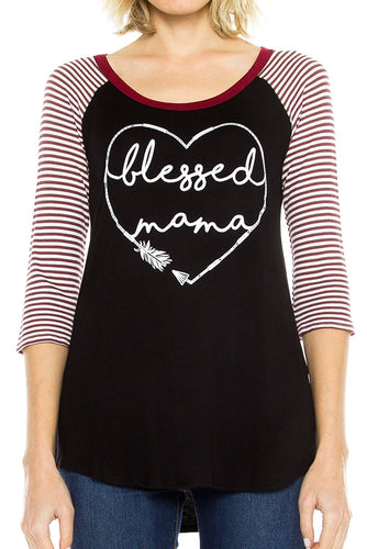 KLKD Women's Raglan 3/4 Sleeve Print Top Made in U.S.A.