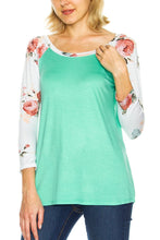 KLKD Women's Floral Sleeves Solid Wide Neck Raglan Top