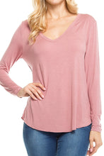 KLKD Women's Solid V Neck Long Sleeve Top Tunic