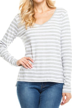 KLKD Women's Cotton Striped Long Sleeve V Neck Top