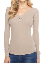 KLKD Women's Long Sleeve Deep V Neckline Ribbed Henley T shirts