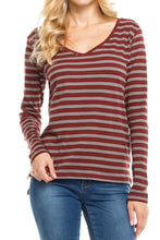 KLKD Women's Cotton Striped Long Sleeve V Neck Top