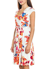 KLKD Women's Printed Cap Sleeve Self-tie Surplice A-line Dress Made in U.S.A.