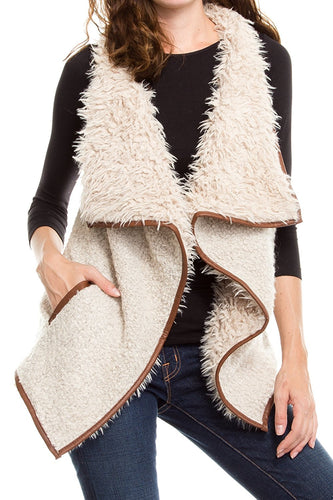 KLKD Women's Solid Shearling Contrast Open Drapey Vest