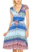 KLKD Women's Printed Cap Sleeve Self-tie Surplice A-line Dress Made in U.S.A.