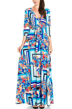 KLKD Women's Printed 3/4 Sleeve Self-tie Surplice Maxi Faux Wrap Dress Made In USA