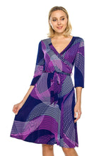 KLKD Women's Printed 3/4 Sleeve Self-tie Surplice Faux Wrap Dress Made In USA