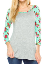 KLKD Women's Floral Sleeves Solid Wide Neck Raglan Top