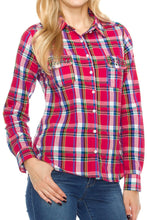 KLKD Women's Cotton Studded Flap Pockets Button Up Plaid Shirt Top