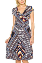 KLKD Women's Printed Cap Sleeve Self-tie Surplice A-line Dress Made in U.S.A.