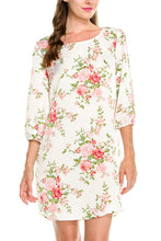 KLKD Women's Printed Round Neck Bishop 3/4 Sleeve Shift Dress Made in U.S.A.