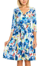 KLKD Women's Printed 3/4 Sleeve Self-tie Surplice Faux Wrap Dress Made In USA