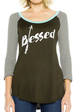 KLKD Women's Raglan 3/4 Sleeve Print Top Made in U.S.A.