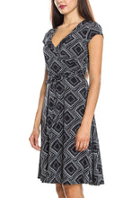 KLKD Women's Printed Cap Sleeve Self-tie Surplice A-line Dress Made in U.S.A.