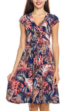 KLKD Women's Printed Cap Sleeve Self-tie Surplice A-line Dress Made in U.S.A.