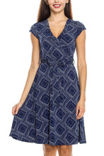 KLKD Women's Printed Cap Sleeve Self-tie Surplice A-line Dress Made in U.S.A.