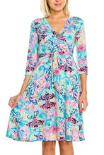 KLKD Women's Printed 3/4 Sleeve Self-tie Surplice Faux Wrap Dress Made In USA