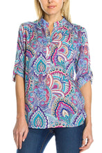 KLKD Women's Printed Henely Neck 3/4 Roll Up Sleeve Button Closure Blouse Top