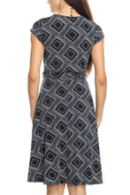 KLKD Women's Printed Cap Sleeve Self-tie Surplice A-line Dress Made in U.S.A.