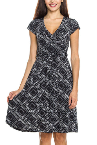 KLKD Women's Printed Cap Sleeve Self-tie Surplice A-line Dress Made in U.S.A.