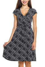 KLKD Women's Printed Cap Sleeve Self-tie Surplice A-line Dress Made in U.S.A.